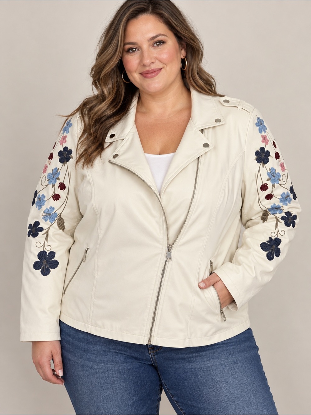 NWT Floral Embroidered Faux Leather Moto Jacket Cottagecore Biker Whimsigoth 2X
